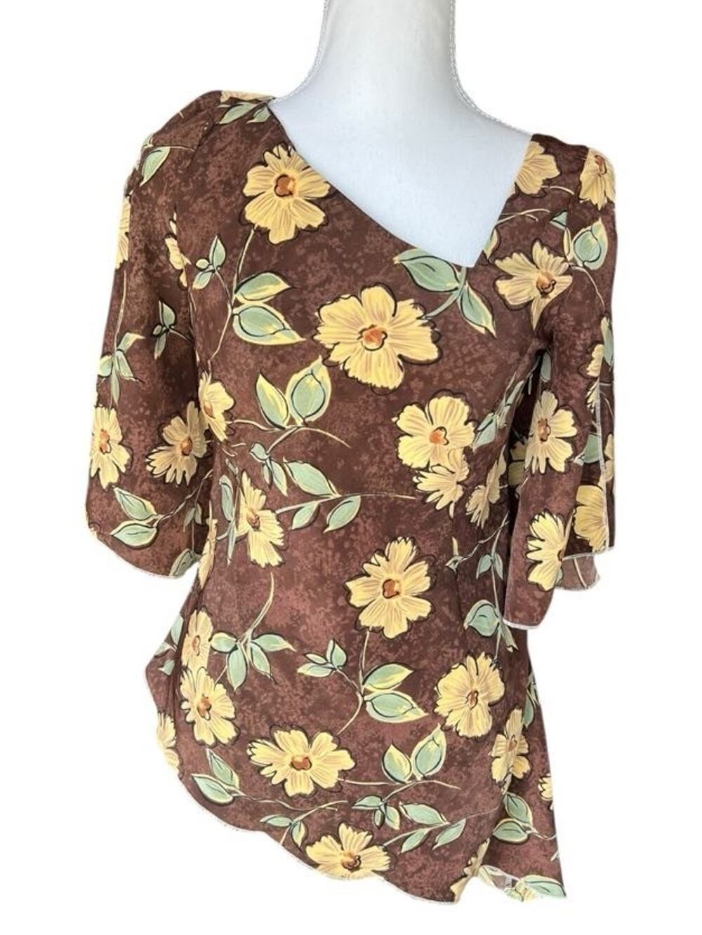 Boy Pestano Vintage Satin Career Blouse Bell Sleeve Floral Asymmetrical Size S